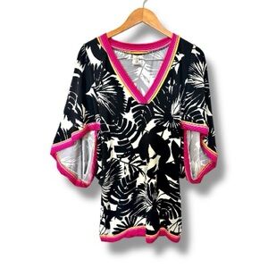 Trina Turk Tropical Print Tunic Cover Up Black White Pink V Neck Swim Size Large